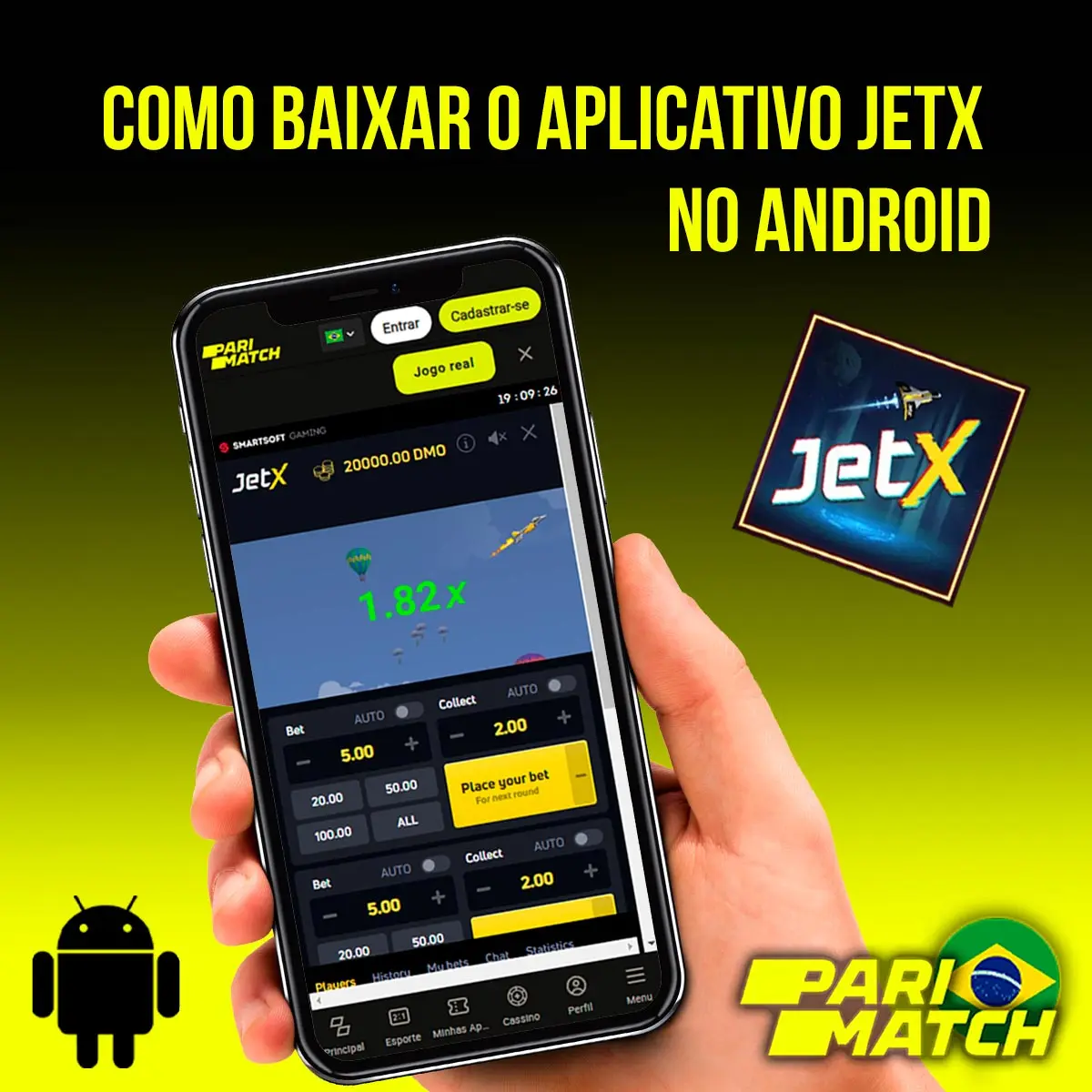 Aplicativo móvel JetX para Android da casa de apostas Parimatch no Brasil
